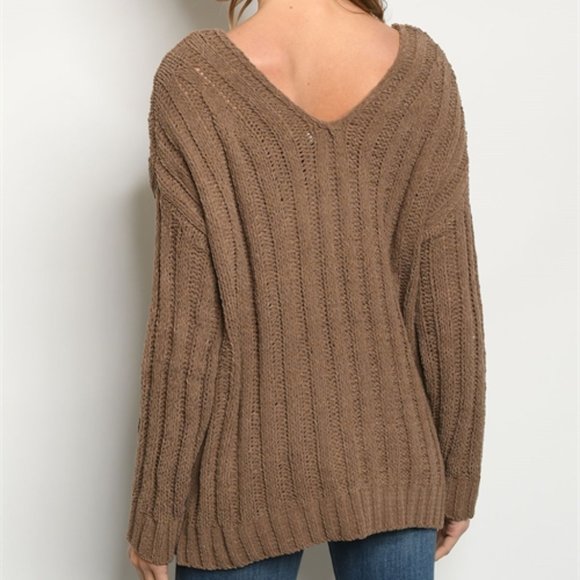 MOCHA KNIT V NECK SWEATER TUNIC TOP - Picture 3 of 5